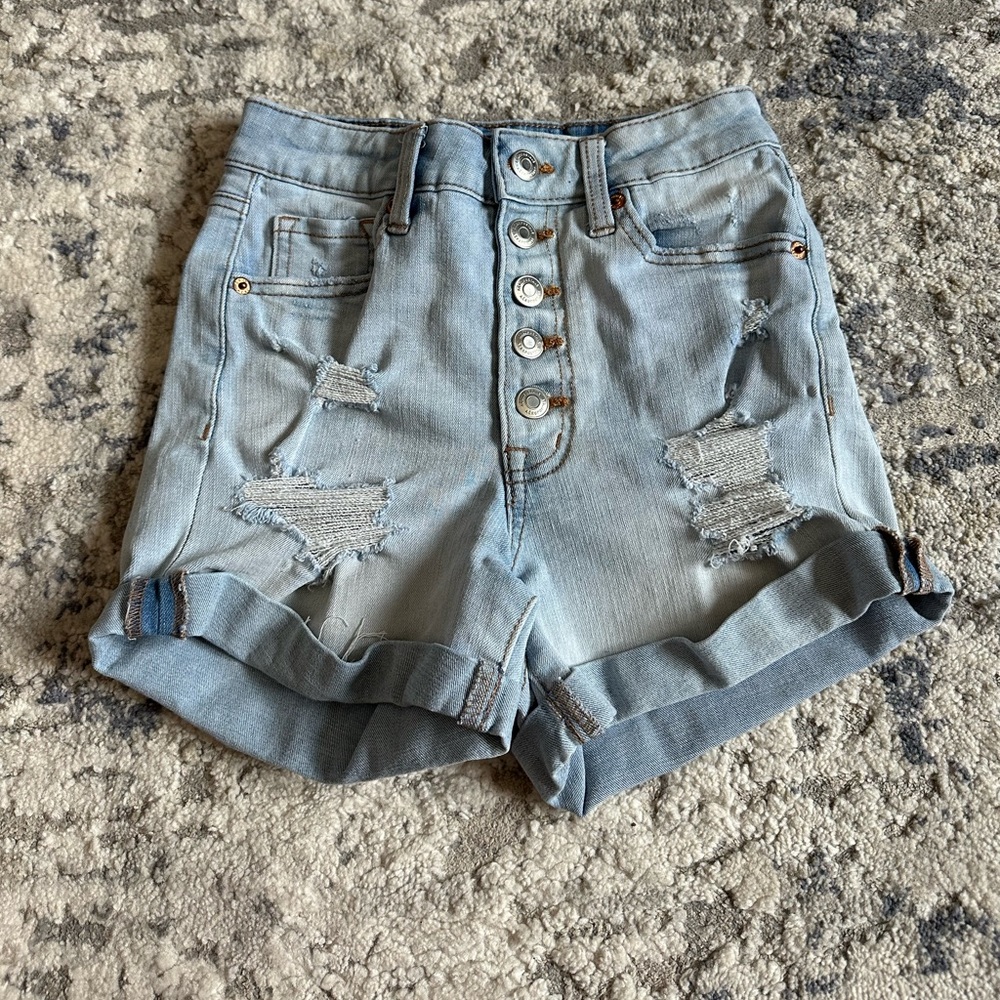 Super High Rise Midi Distressed Jean Shorts Size 2 AERO